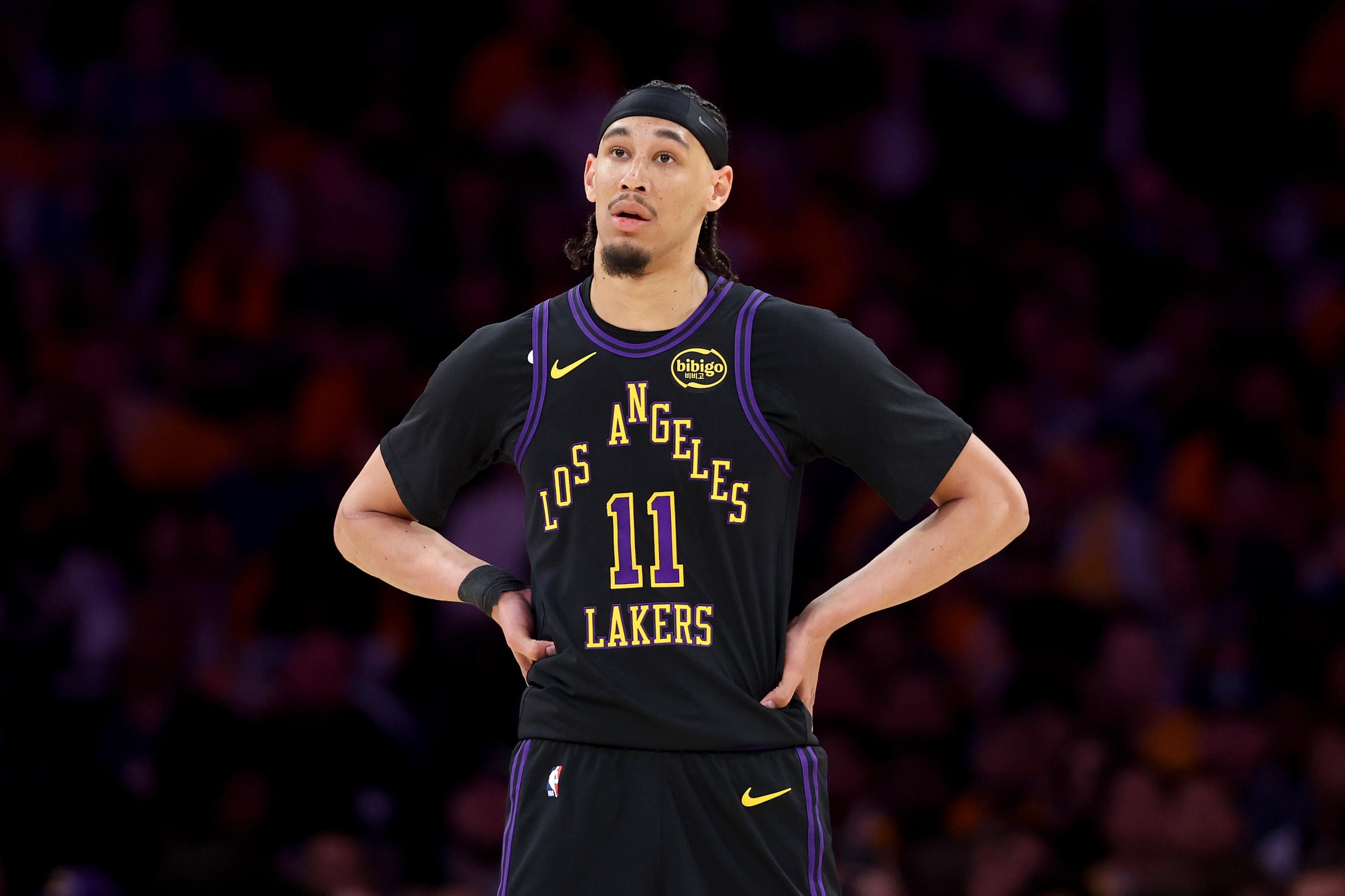 LOS ANGELES, CALIFORNIA - MAY 11: Jaxson Hayes #11 of the Los Angeles Lakers looks on against the Oklahoma City Thunder in Game Four of the Second Round of the NBA Western Conference Playoffs at Crypto.com Arena on May 11, 2026 in Los Angeles, California. NOTE TO USER: User expressly acknowledges and agrees that, by downloading and or using this photograph, user is consenting to the terms and conditions of the Getty Images License Agreement. (Photo by Luke Hales/Getty Images)