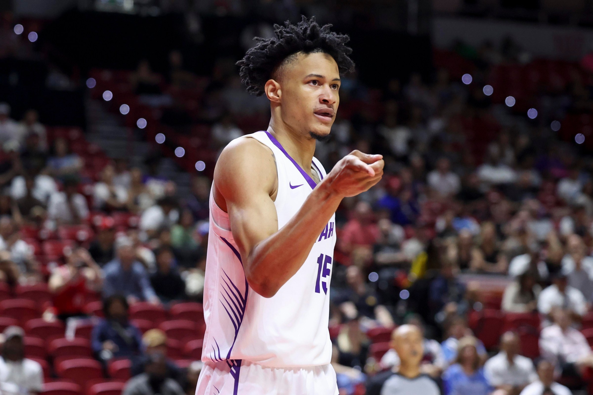 LAS VEGAS, NEVADA - JULY 12: Trey Alexander #15 of the Utah Jazz reacts after play against the LA Clippers in the third quarter of a game at the Thomas & Mack Center on July 12, 2026 in Las Vegas, Nevada. (Photo by Ian Maule/Getty Images)