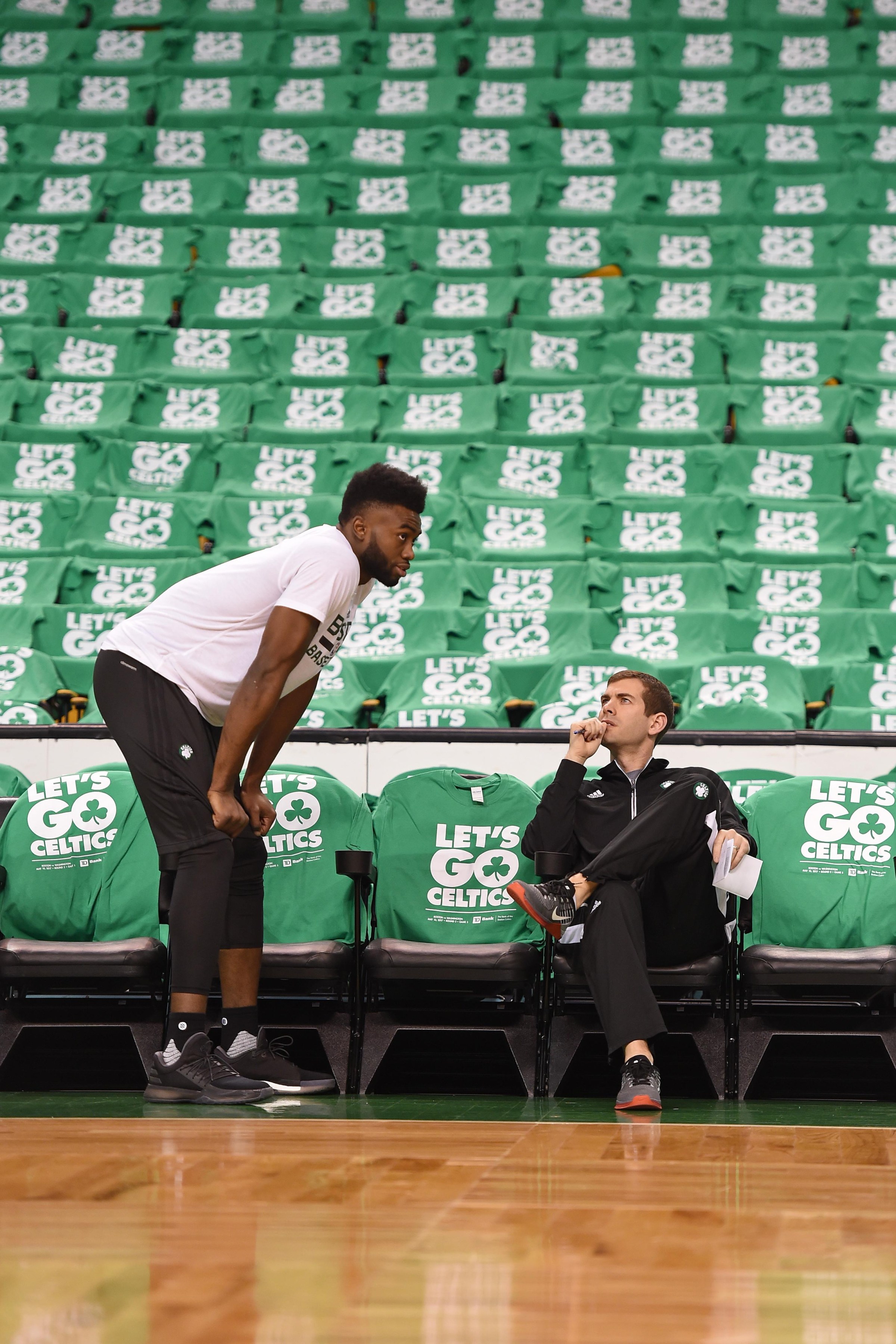 BOSTON, MA - MAY 10: Jaylen Brown #7 and Brad Stevens of the Boston Celtics talk before Game Five of the Eastern Conference Semifinals against the Washington Wizards during the 2017 NBA Playoffs on May 10, 2017 at the TD Garden in Boston, Massachusetts. NOTE TO USER: User expressly acknowledges and agrees that, by downloading and/or using this photograph, user is consenting to the terms and conditions of the Getty Images License Agreement. Mandatory Copyright Notice: Copyright 2017 NBAE (Photo by Brian Babineau/NBAE via Getty Images)