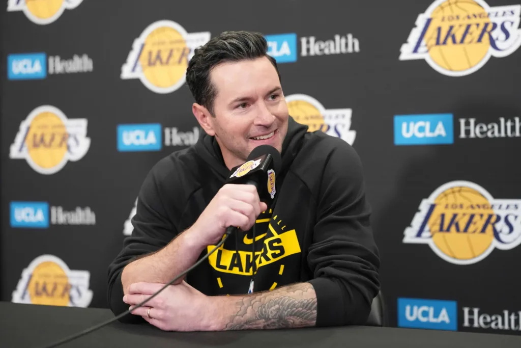Mar 3, 2026; Los Angeles, California, USA; Los Angeles Lakers head coach JJ Redick at a press conference at the Crypto.com Arena. Mandatory Credit: Kirby Lee-Imagn Images
