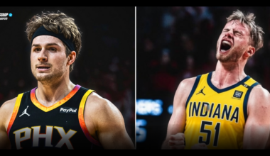 Sam Hoiberg in a Phoenix Suns jersey and Rienk Mast in an Indiana Pacers jersey