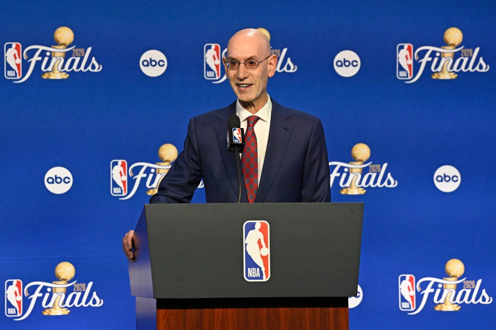 NBA Commissioner Adam Silver speaks at a press conference with "Finals 2026" and ABC logos in the background.