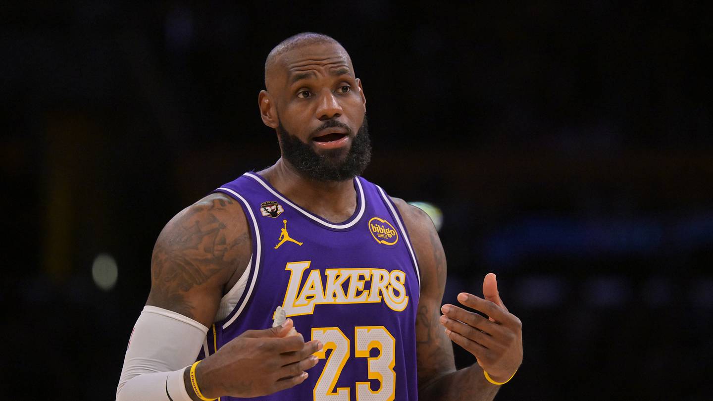Los Angeles Lakers forward LeBron James (23) reacts after a foul in the second half against the Philadelphia 76ers at Crypto.com Arena on Feb. 5, 2026.