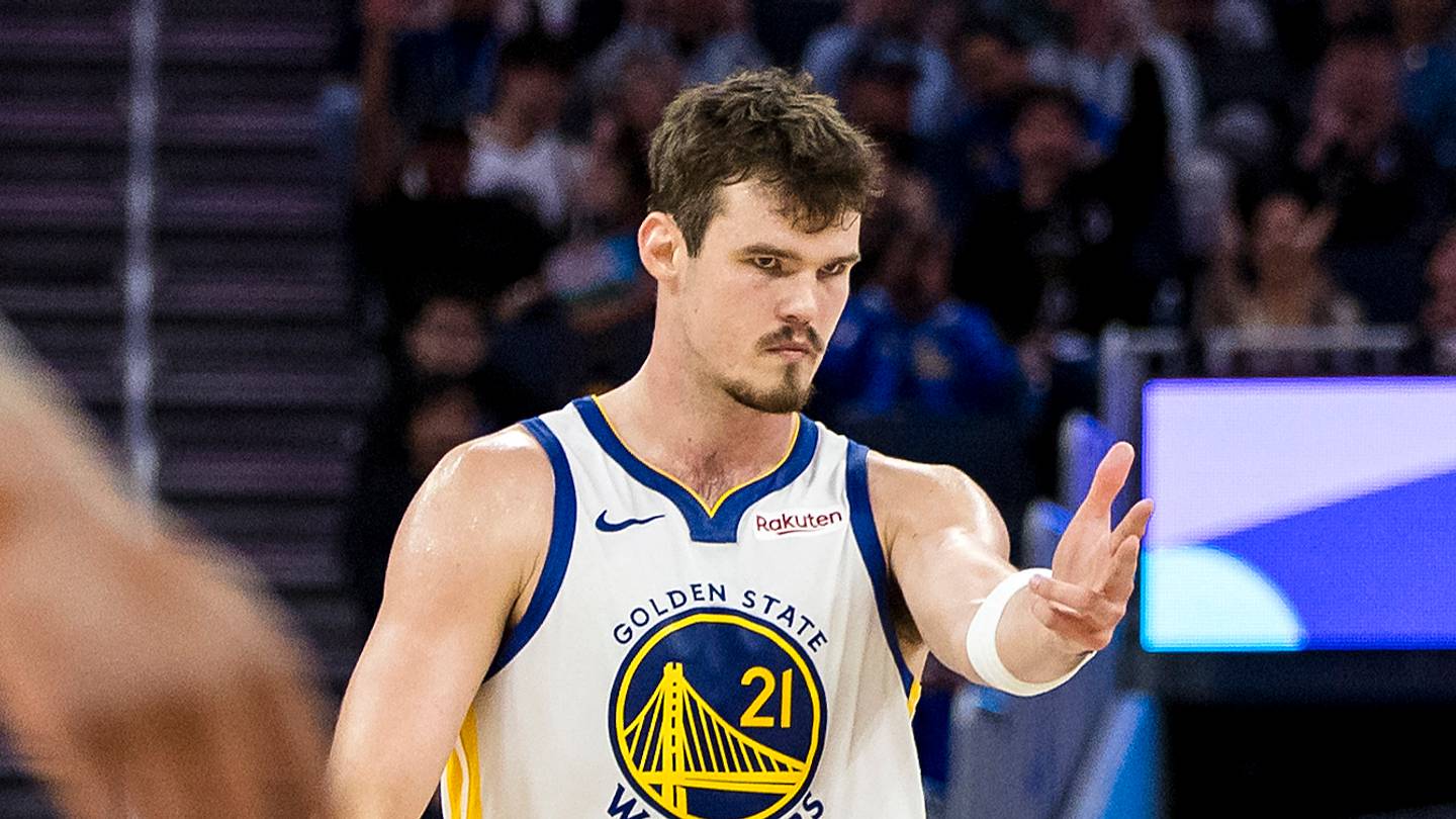 Oct 8, 2025; San Francisco, California, USA;  Golden State Warriors center Quinten Post (21) reacts after hitting a three-point shot against the Portland Trail Blazers during the fourth quarter at Chase Center. Mandatory Credit: John Hefti-Imagn Images
