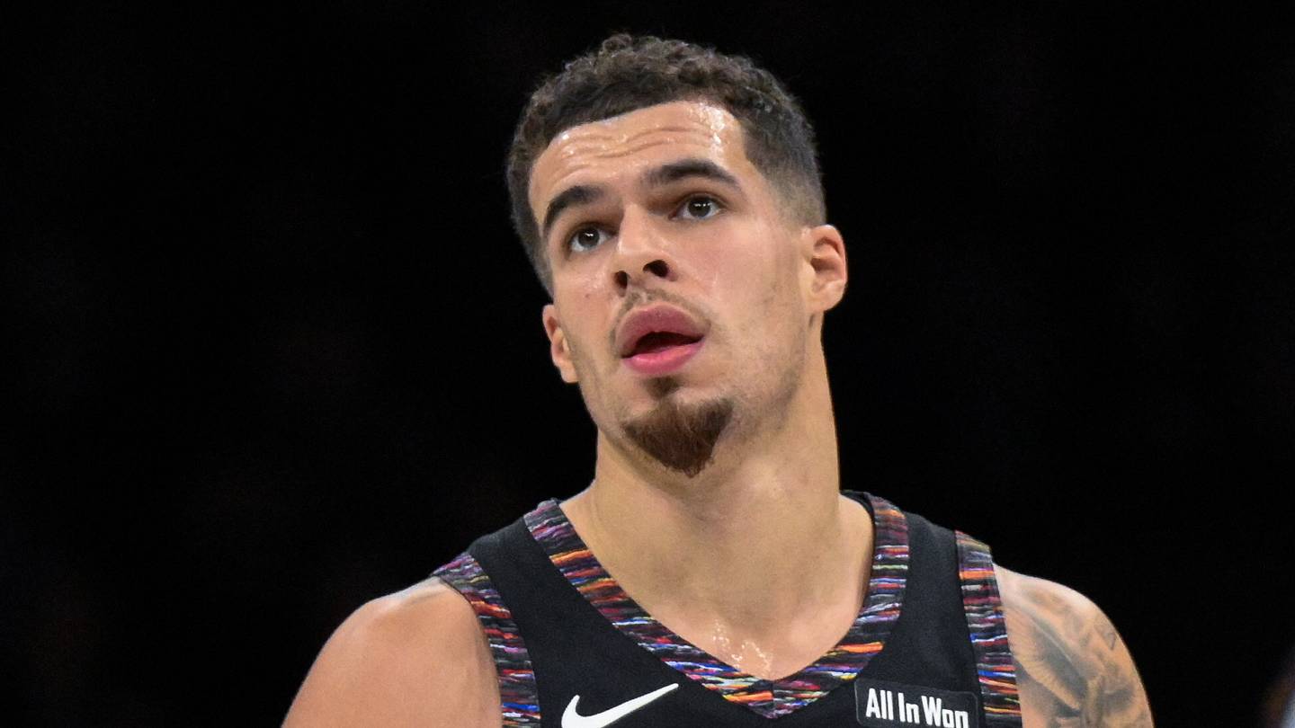 Dec 21, 2025; Brooklyn, New York, USA; Brooklyn Nets forward Michael Porter Jr. (17) reacts after making a shot against the Toronto Raptors during the first half at Barclays Center. Mandatory Credit: John Jones-Imagn Images
