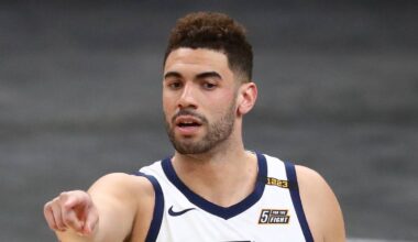 Apr 7, 2021; Phoenix, Arizona, USA; Utah Jazz forward Georges Niang (31) against the Phoenix Suns at Phoenix Suns Arena. Mandatory Credit: Mark J. Rebilas-USA TODAY Sports