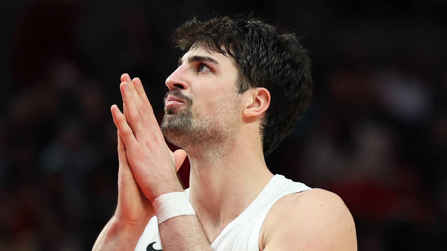 Mar 10, 2026; Portland, Oregon, USA;  Portland Trail Blazers forward Deni Avdija (8) reacts to gameplay against the Charlotte Hornets during the second half at Moda Center. Mandatory Credit: Jaime Valdez-Imagn Images