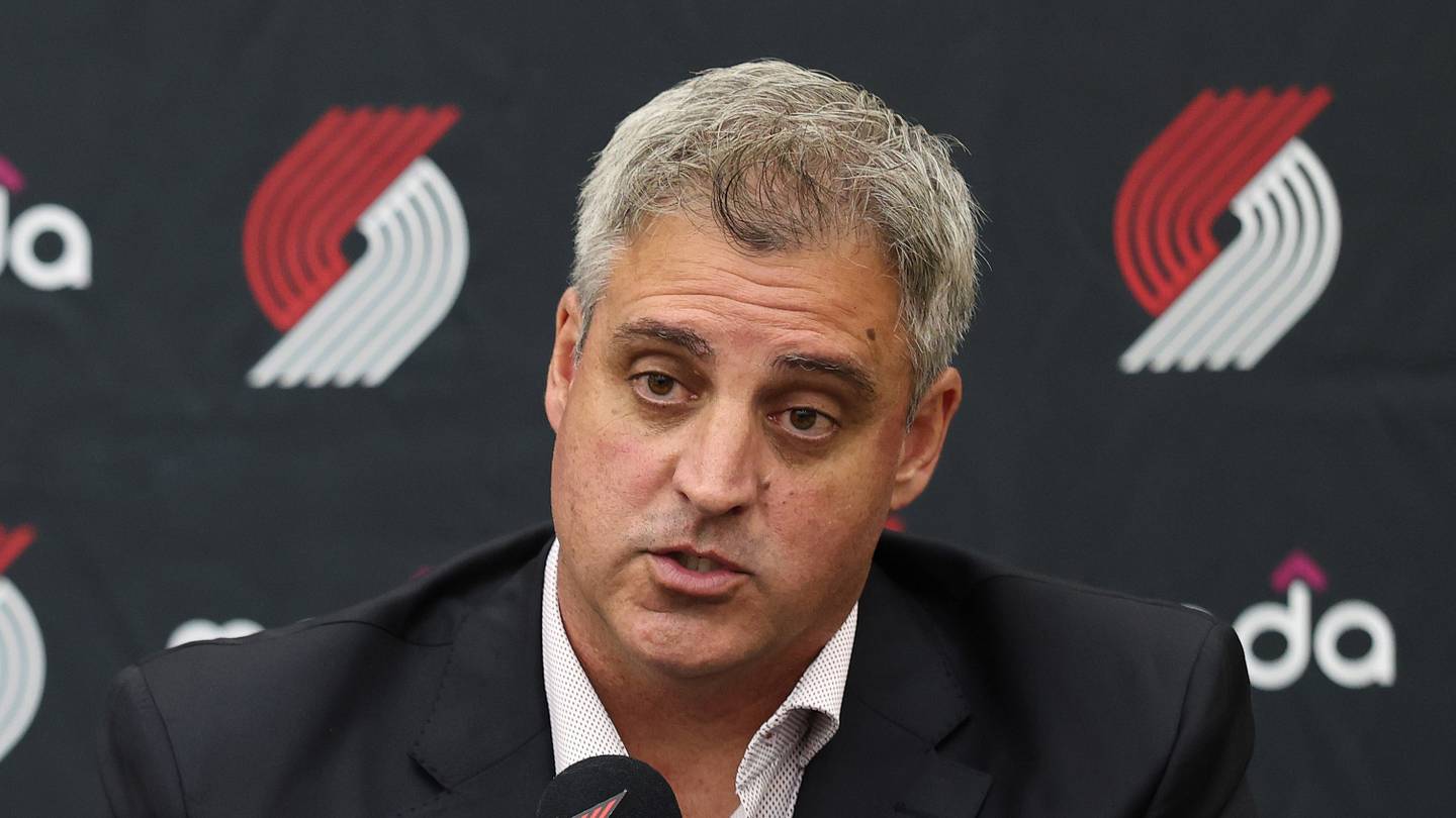 Jun 25, 2026; Portland, OR, USA;  Portland Trail Blazers head coach Micah Nori answers questions from the press conference at the Trail Blazers Practice Facility. Mandatory Credit: Jaime Valdez-Imagn Images