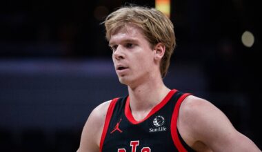 Jan 14, 2026; Indianapolis, Indiana, USA;Toronto Raptors guard/forward Gradey Dick (1) in the first half against the Indiana Pacers at Gainbridge Fieldhouse. Mandatory Credit: Trevor Ruszkowski-Imagn Images