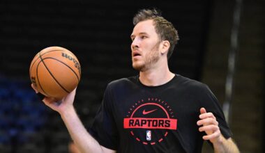 Feb 22, 2026; Milwaukee, Wisconsin, USA; Toronto Raptors center Jakob Poeltl (19) warms up before game against the Milwaukee Bucks at Fiserv Forum. Mandatory Credit: Benny Sieu-Imagn Images