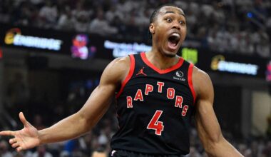 Apr 29, 2026; Cleveland, Ohio, USA; Toronto Raptors forward Scottie Barnes (4) and forward Sandro Mamukelashvili (54) react against the Cleveland Cavaliers in the first quarter of game five of the first round of the 2026 NBA Playoffs at Rocket Arena. Mandatory Credit: David Richard-Imagn Images