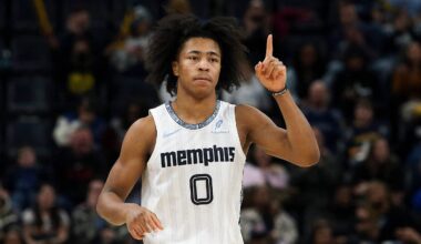 Feb 2, 2026; Memphis, Tennessee, USA; Memphis Grizzlies forward Jaylen Wells (0) reacts after a basket during the second quarter against the Minnesota Timberwolves at FedExForum. Mandatory Credit: Petre Thomas-Imagn Images