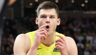 Feb 28, 2023; Salt Lake City, Utah, USA; Utah Jazz center Walker Kessler (24) reacts to play with the San Antonio Spurs in the second half at Vivint Arena. Mandatory Credit: Rob Gray-USA TODAY Sports