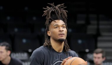 Feb 26, 2026; Brooklyn, New York, USA; San Antonio Spurs guard Stephon Castle (5) warms up before a game against the Brooklyn Nets at Barclays Center. Mandatory Credit: Brad Penner-Imagn Images