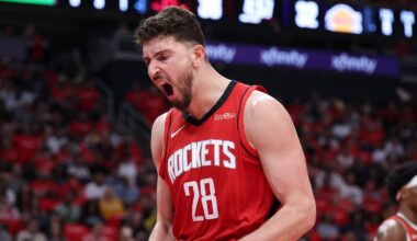 Apr 26, 2026; Houston, Texas, USA; Houston Rockets center Alperen Sengun (28) reacts after a play during the second quarter against the Los Angeles Lakers during game four of the first round of the 2026 NBA Playoffs at Toyota Center. Mandatory Credit: Troy Taormina-Imagn Images