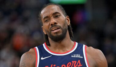 Apr 8, 2026; Inglewood, California, USA;  Los Angeles Clippers forward Kawhi Leonard (2) reacts after a missed basket in the second half against the Oklahoma City Thunder at Intuit Dome. Mandatory Credit: Jayne Kamin-Oncea-Imagn Images
