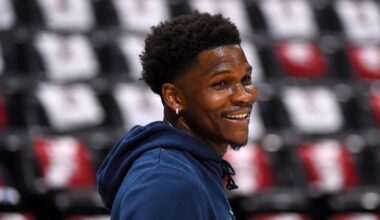 Apr 18, 2026; Denver, Colorado, USA; Minnesota Timberwolves guard Anthony Edwards (5) warms up before the game against the Denver Nuggets during game one of the first round of the 2026 NBA Playoffs at Ball Arena. Mandatory Credit: Christopher Hanewinckel-Imagn Images
