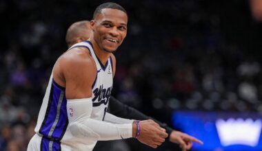 Jan 11, 2026; Sacramento, California, USA; Sacramento Kings guard Russell Westbrook (18) smiles during the second quarter Houston Rockets at Golden 1 Center. Mandatory Credit: Justine Willard-Imagn Images
