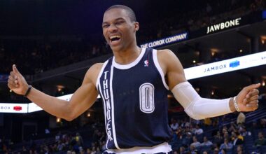 April 11, 2013; Oakland, CA, USA; Oklahoma City Thunder point guard Russell Westbrook (0) celebrates during the fourth quarter against the Golden State Warriors at Oracle Arena. The City Thunder defeated the Warriors 116-97. Mandatory Credit: Kyle Terada-USA TODAY Sports