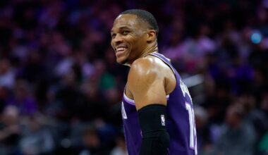 Mar 17, 2026; Sacramento, California, USA; Sacramento Kings guard Russell Westbrook (18) reacts after becoming the fifth leading assist leader during the second quarter against the San Antonio Spurs at Golden 1 Center. Mandatory Credit: Sergio Estrada-Imagn Images