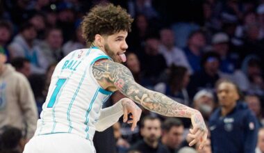 Apr 5, 2026; Minneapolis, Minnesota, USA; Charlotte Hornets guard LaMelo Ball (1) celebrates after scoring on the Minnesota Timberwolves in the fourth quarter at Target Center. Mandatory Credit: Matt Blewett-Imagn Images