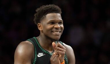 Feb 6, 2026; Minneapolis, Minnesota, USA; Minnesota Timberwolves guard Anthony Edwards (5) smiles against the New Orleans Pelicans in the second half at Target Center. Mandatory Credit: Jesse Johnson-Imagn Images