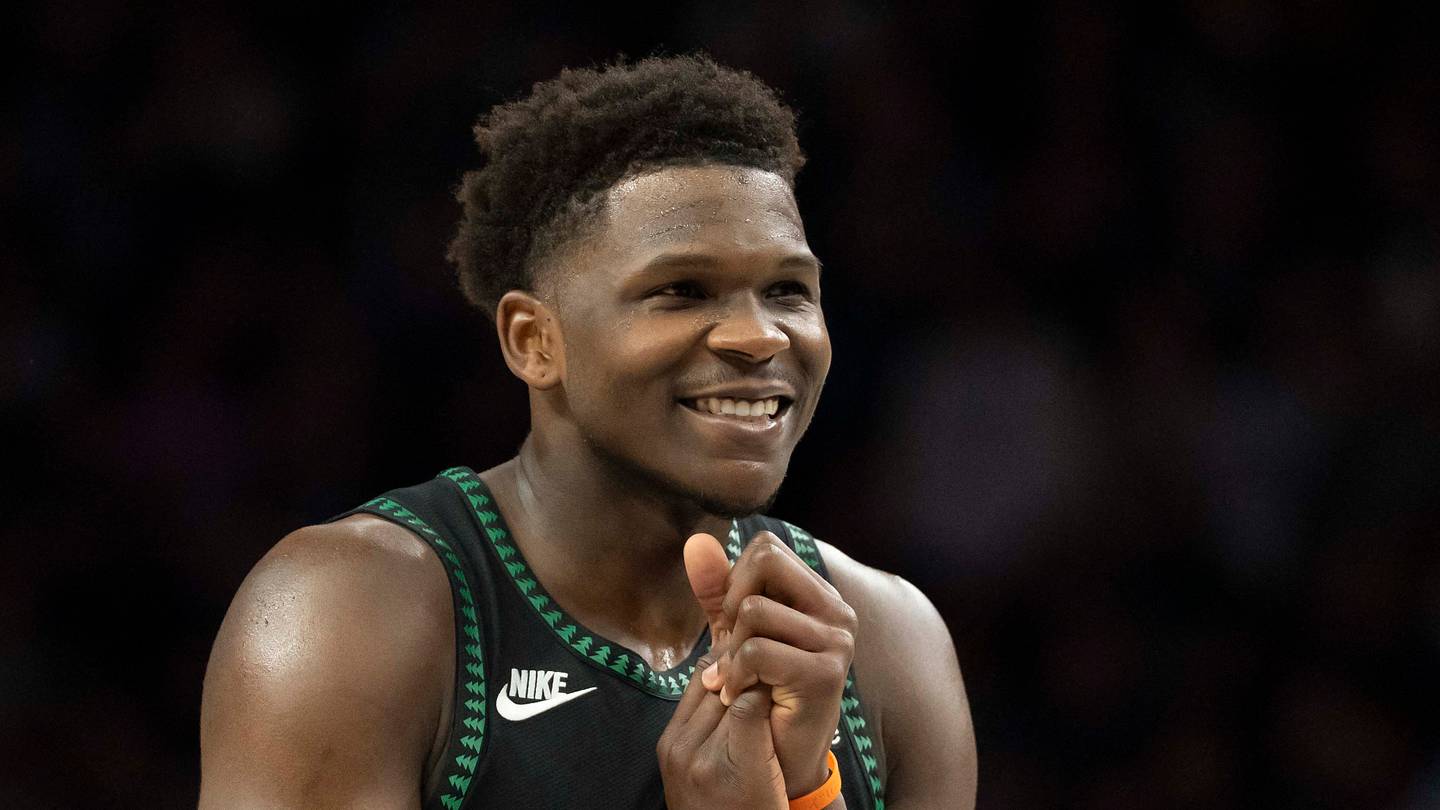 Feb 6, 2026; Minneapolis, Minnesota, USA; Minnesota Timberwolves guard Anthony Edwards (5) smiles against the New Orleans Pelicans in the second half at Target Center. Mandatory Credit: Jesse Johnson-Imagn Images
