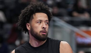 Nov 15, 2024; Toronto, Ontario, CAN; Detroit Pistons guard Cade Cunningham (2) wearing the Emirate NBA Cup shirt warms up against the Toronto Raptors during the pregame warmup at Scotiabank Arena. Mandatory Credit: Nick Turchiaro-Imagn Images