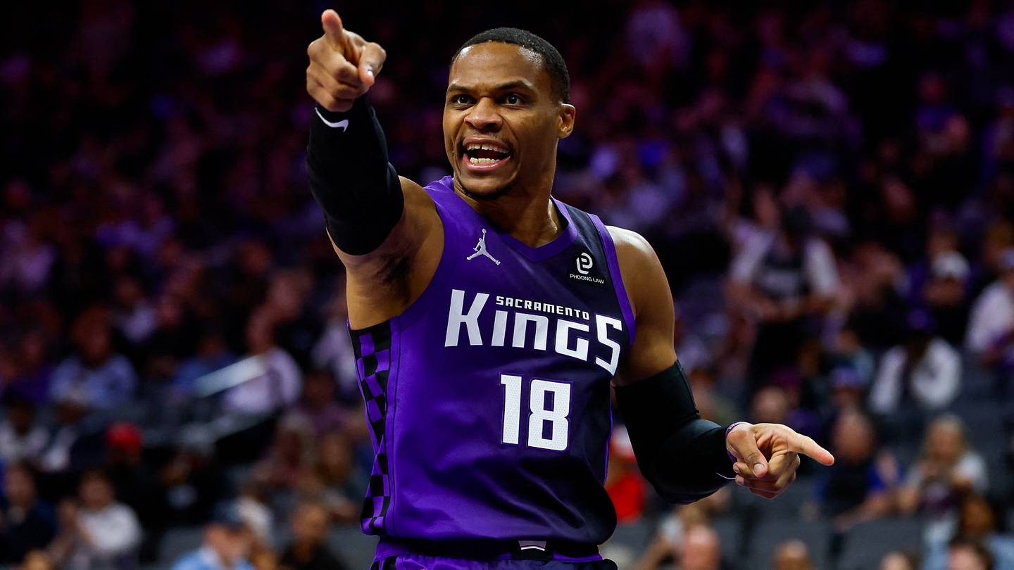 Jan 16, 2026; Sacramento, California, USA; Sacramento Kings guard Russell Westbrook (18) reacts after a play during the third quarter against the Washington Wizards at Golden 1 Center. Mandatory Credit: Sergio Estrada-Imagn Images