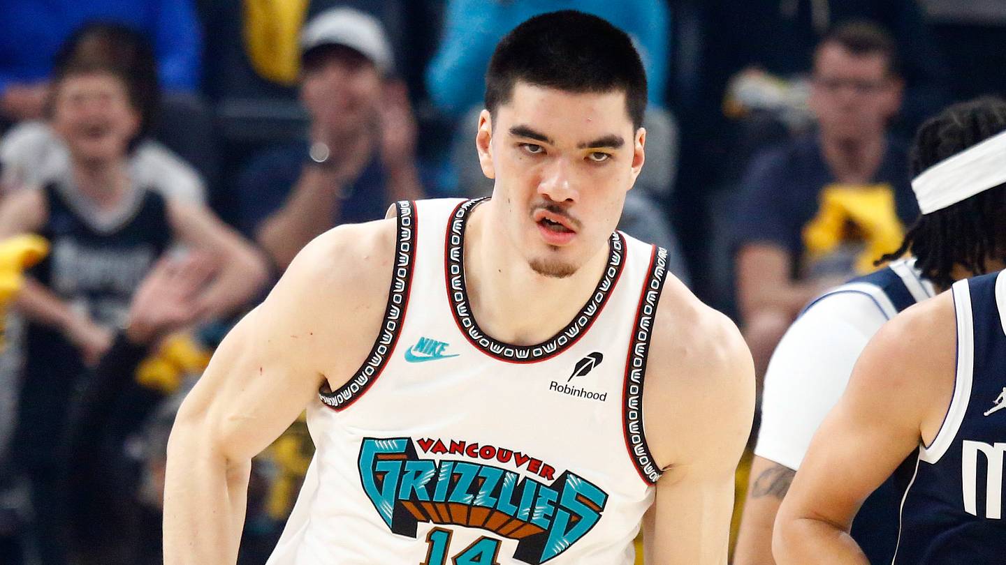 Apr 18, 2025; Memphis, Tennessee, USA; Memphis Grizzlies center Zach Edey (14) reacts after a basket during the first quarter against the Memphis Grizzlies at FedExForum. Mandatory Credit: Petre Thomas-Imagn Images