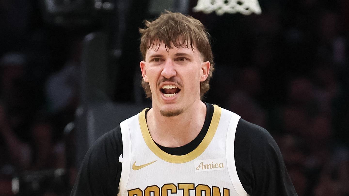 Apr 12, 2026; Boston, Massachusetts, USA; Boston Celtics guard Baylor Scheierman (55) reacts during the second half against the Orlando Magic at TD Garden. Mandatory Credit: Paul Rutherford-Imagn Images