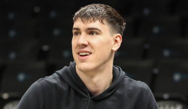 Feb 3, 2026; Brooklyn, New York, USA;  Los Angeles Lakers forward Jake LaRavia (12) warms up prior to the game against the Brooklyn Nets at Barclays Center. Mandatory Credit: Wendell Cruz-Imagn Images