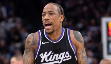Mar 7, 2025; Sacramento, California, USA; Sacramento Kings forward DeMar DeRozan (10) reacts to a call during the fourth quarter of the game against the San Antonio Spurs at Golden 1 Center. Mandatory Credit: Ed Szczepanski-Imagn Images