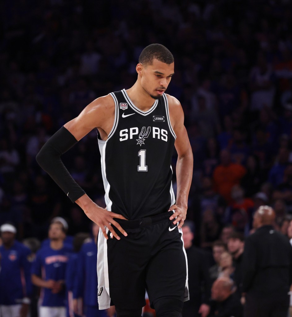 San Antonio Spurs forward Victor Wembanyama reacts on the court during a foul shot in the fourth quarter of Game 4 of the NBA Finals.