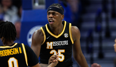 Jan 7, 2026; Lexington, Kentucky, USA; Missouri Tigers forward Mark Mitchell (25) celebrates with guard Anthony Robinson II (0) during the second half against the Kentucky Wildcats at Rupp Arena at Central Bank Center. Mandatory Credit: Jordan Prather-Imagn Images