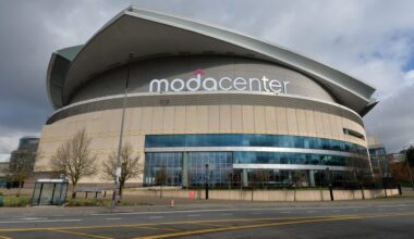 Mar 18, 2015; Portland, OR, USA; General view of the Moda Center exterior prior to the second round of the 2015 NCAA Basketball Championship.