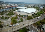 FILE - The Moda Center and Interstate 5 pictured from OPB drone footage. The months-long effort to secure public funding for an arena renovation is entering a key phase.
