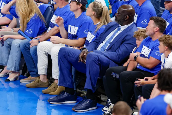 Jun 8, 2025; Oklahoma City, Oklahoma, USA; Former NBA player Shaquille O'Neal watches the game between the Oklahoma City Thunder and the Indiana Pacers during the second quarter of game two of the 2025 NBA Finals at Paycom Center. Mandatory Credit: Alonzo Adams-Imagn Images