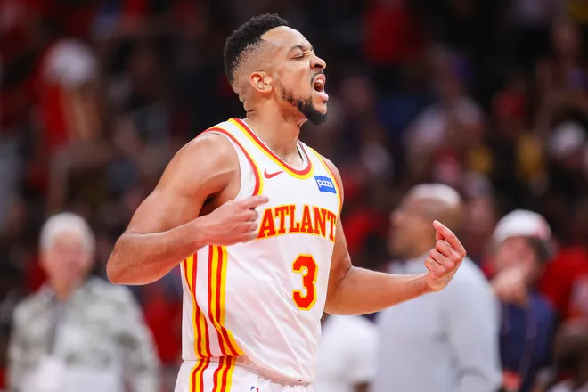 Apr 23, 2026; Atlanta, Georgia, USA; Atlanta Hawks guard CJ McCollum (3) reacts after a basket against the New York Knicks in the second quarter during game three of the first round of the 2026 NBA Playoffs at State Farm Arena. Mandatory Credit: Brett Davis-Imagn Images