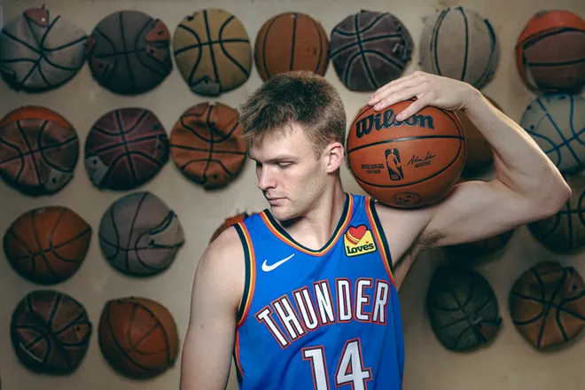LAS VEGAS, NEVADA - JULY 15: (Editors Note: Tonal effects have been applied to this image) Bennett Stirtz #14 of the Oklahoma City Thunder poses for a portrait during the 2026 NBA Rookie Photo Shoot at UNLV on July 15, 2026 in Las Vegas, Nevada. (Photo by Carmen Mandato/Getty Images)