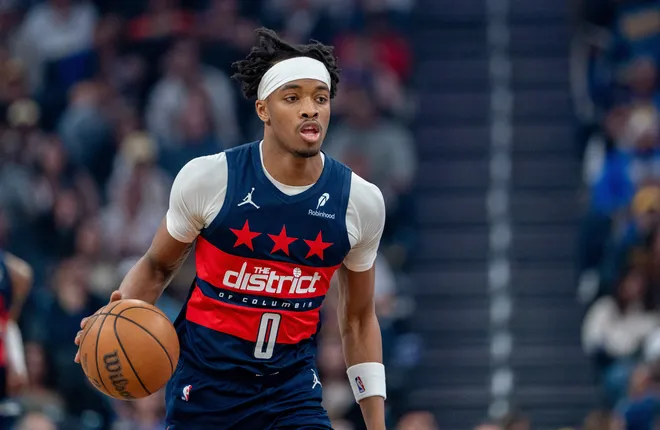 Mar 27, 2026; San Francisco, California, USA; Washington Wizards guard Bilal Coulibaly (0) dribbles against the Golden State Warriors during the first quarter at Chase Center. Mandatory Credit: Neville E. Guard-Imagn Images