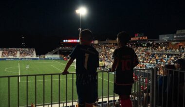 Young soccer fans watch a match between Rhode Island FC and Loudoun United FC at the Centreville Bank Stadium in Pawtucket, R.I., on Aug. 9, 2025.