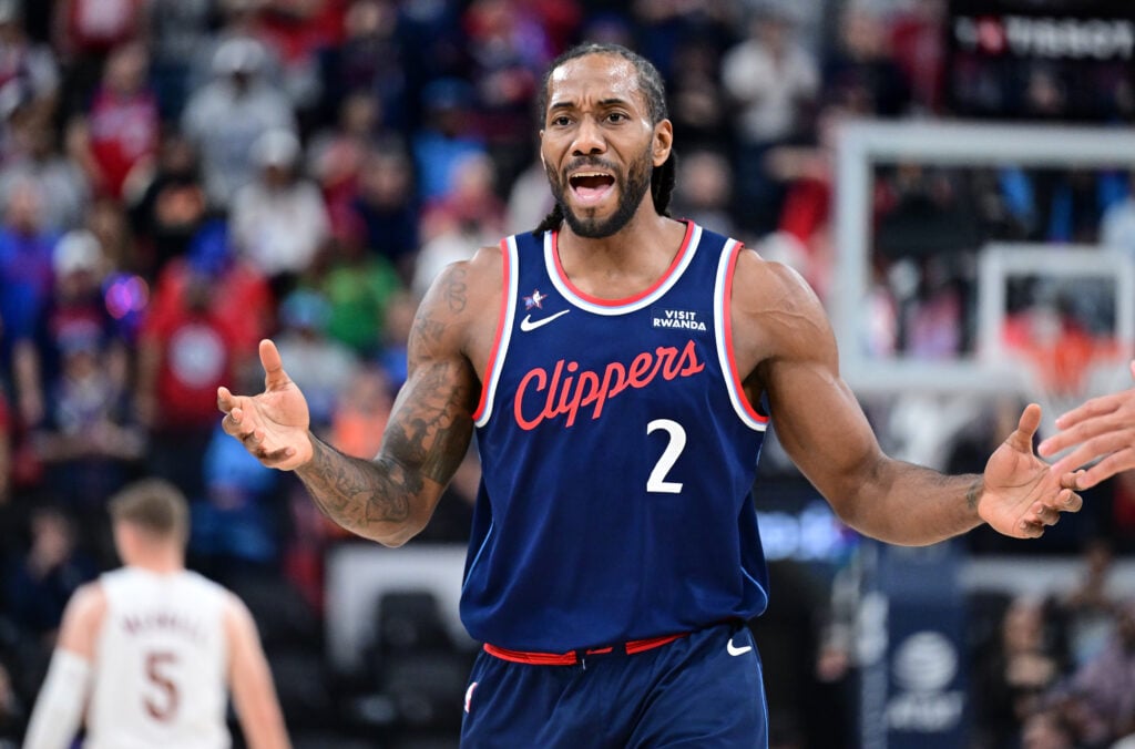 Kawhi Leonard #2 of the Los Angeles Clippers complains to a referee against the Cleveland Cavaliers in the first half at Intuit Dome.