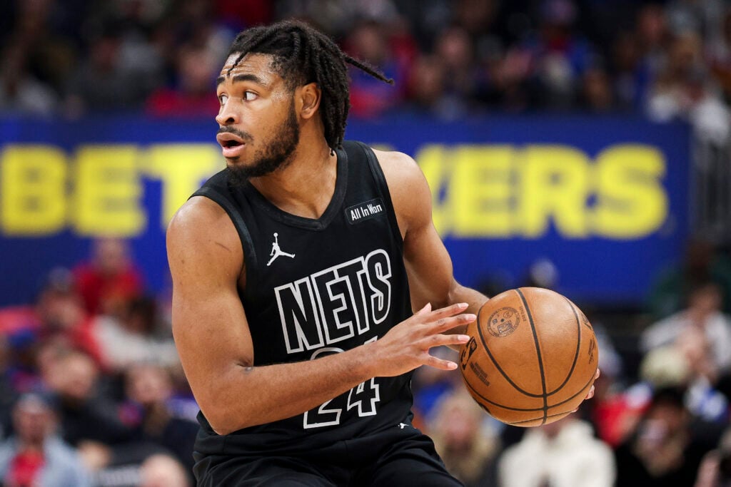 Cam Thomas #24 of the Brooklyn Nets looks to pass the ball during the third quarter of a game against the Detroit Pistons