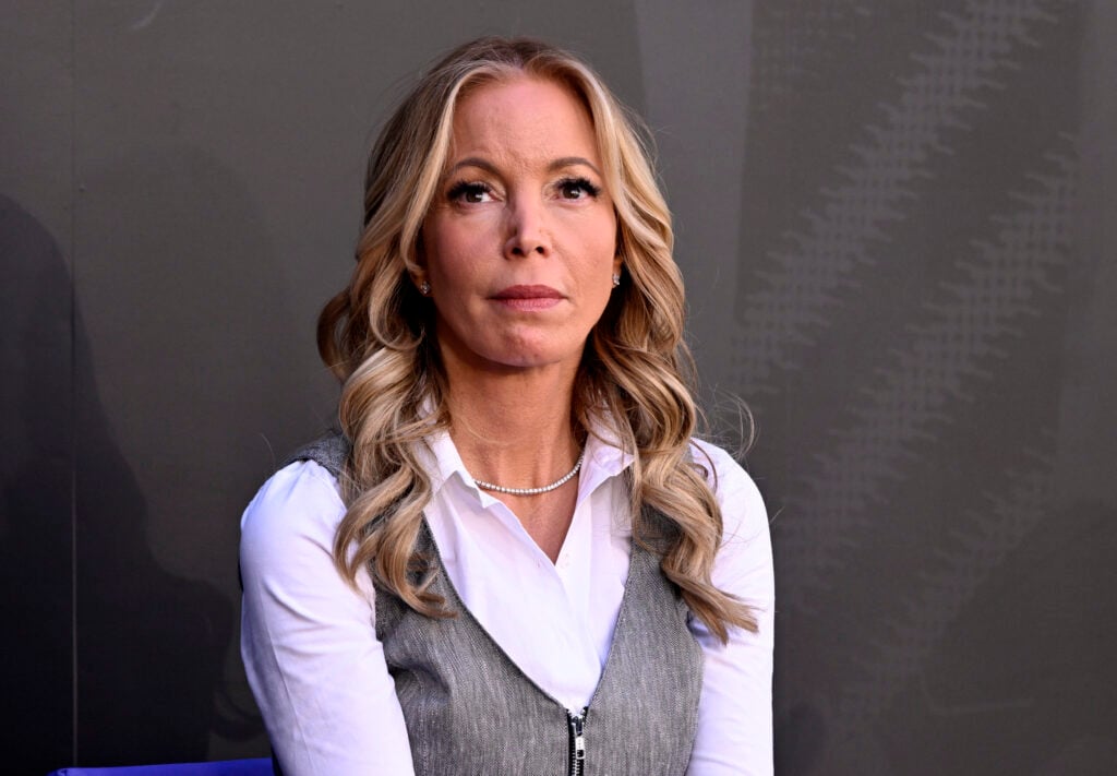 Jeanie Buss during the statue unveiling for former Lakers coach Pat Riley in Star Plaza in front of Crypto.com Arena.