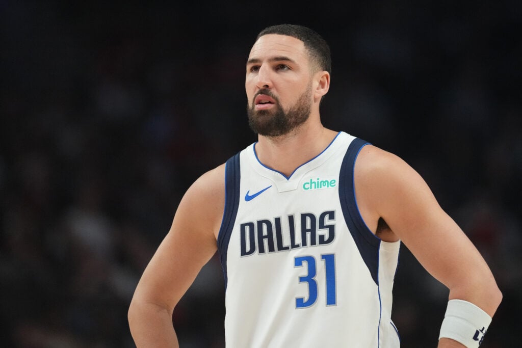 Klay Thompson #31 of the Dallas Mavericks looks on during the first half against the Portland Trail Blazers at Moda Center.