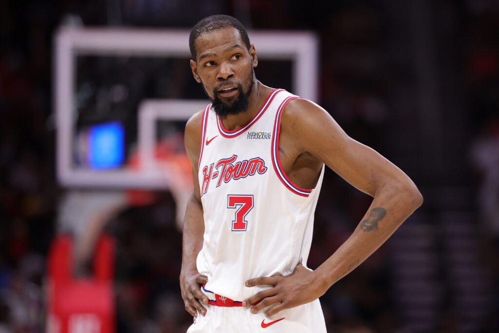 Kevin Durant #7 of the Houston Rockets looks on against the Minnesota Timberwolves during the second half at Toyota Center.
