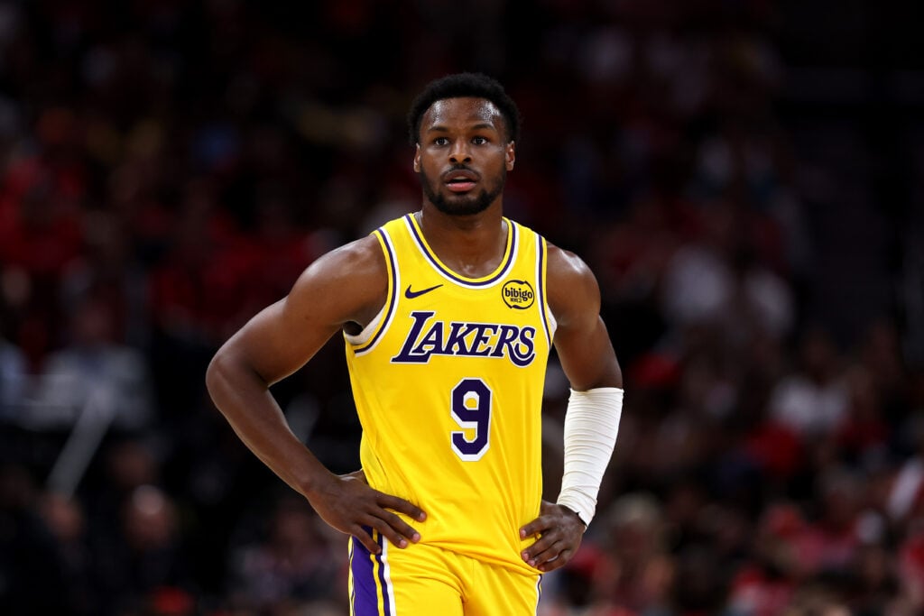 Bronny James #9 of the Los Angeles Lakers looks on during the game against the Houston Rockets at Toyota Center.