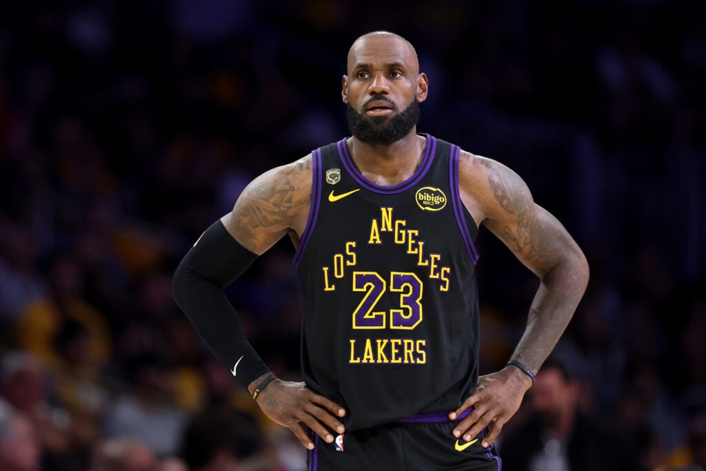 LeBron James #23 of the Los Angeles Lakers looks on against the Oklahoma City Thunder in Game Four of the Second Round of the NBA Western Conference Playoffs at Crypto.com Arena on May 11, 2026.