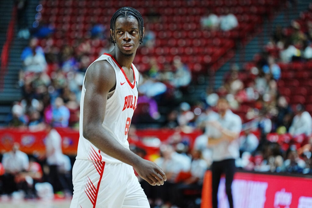 Caleb Wilson #8 of the Chicago Bulls looks on in the second half of the 2026 NBA Summer League game against the Los Angeles Lakers at the Thomas & Mack Center on July 16, 2026 in Las Vegas, Nevada.